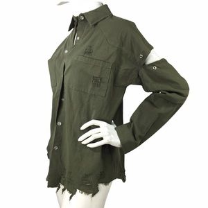 LF BSBW Distressed Military Green Button Up Shirt W/ Cutouts Size S NWT